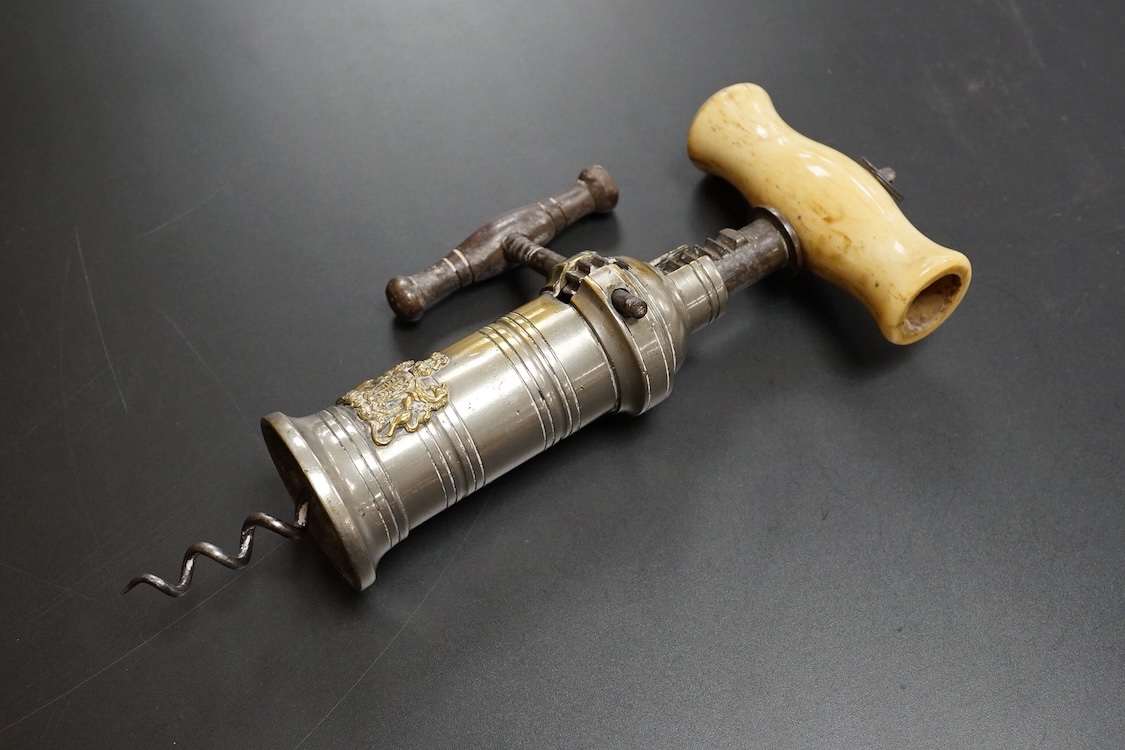 A Thomason type double helix corkscrew with bone handle, 20cm in length